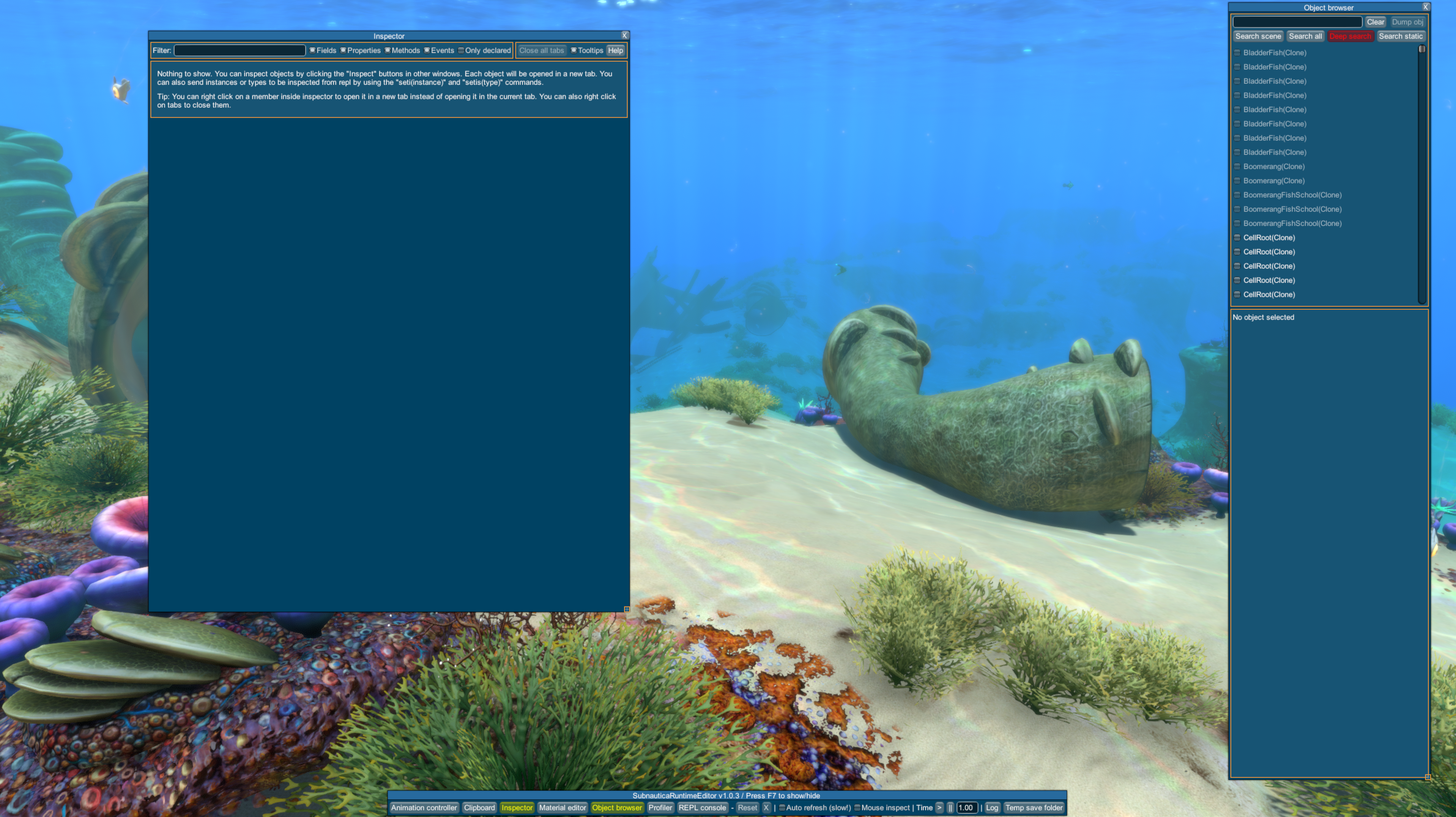 Screenshot of the runtime editor inside Subnautica, showing the object browser and inspector