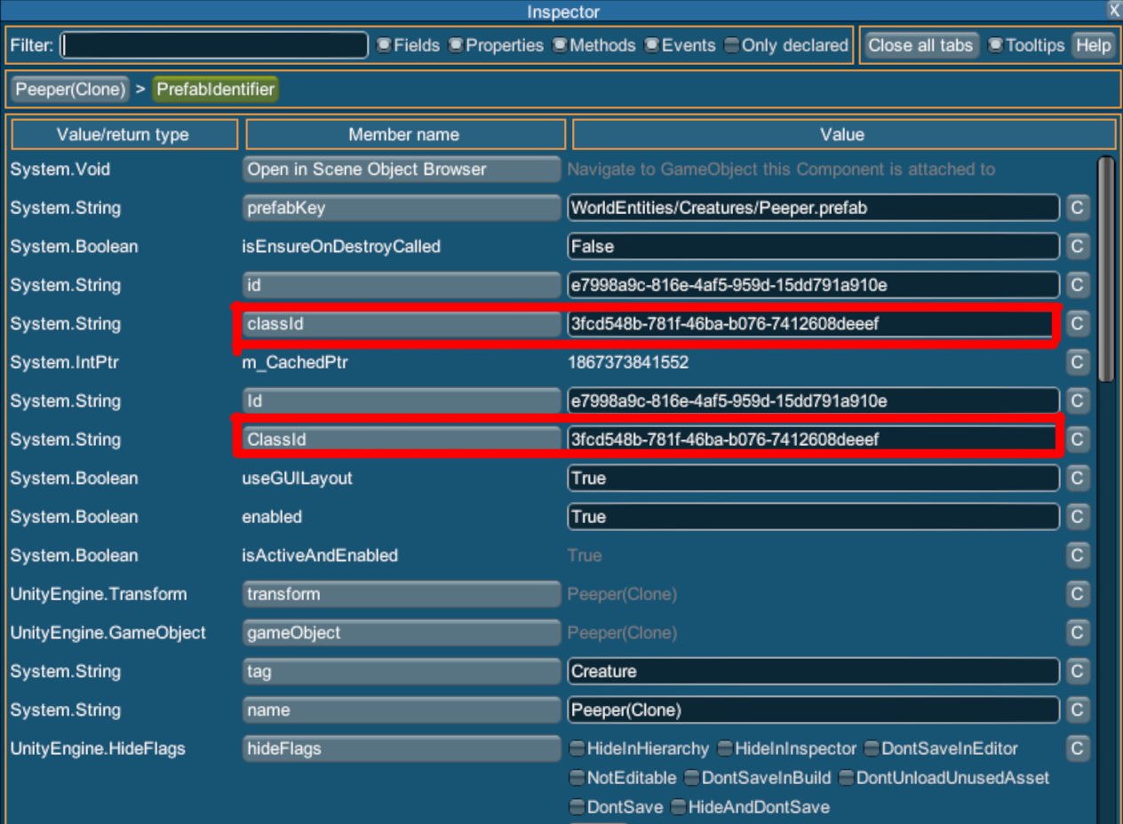 Screenshot highlighting the classID in the prefab identifier component