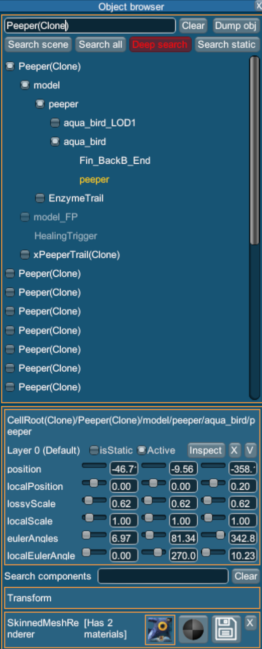 Screenshot showing the hierarchy path to the child containing the skinned mesh renderer