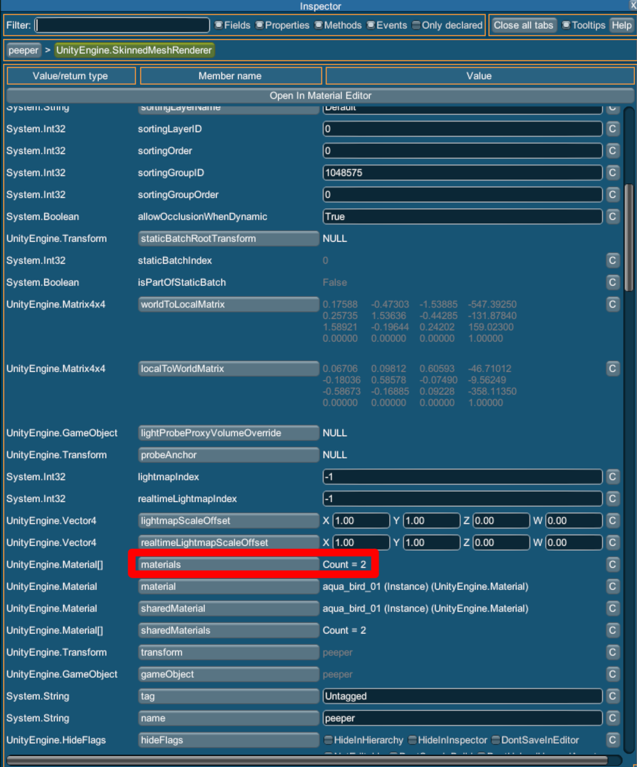 Screenshot highlighting the materials property of the skinned mesh renderer